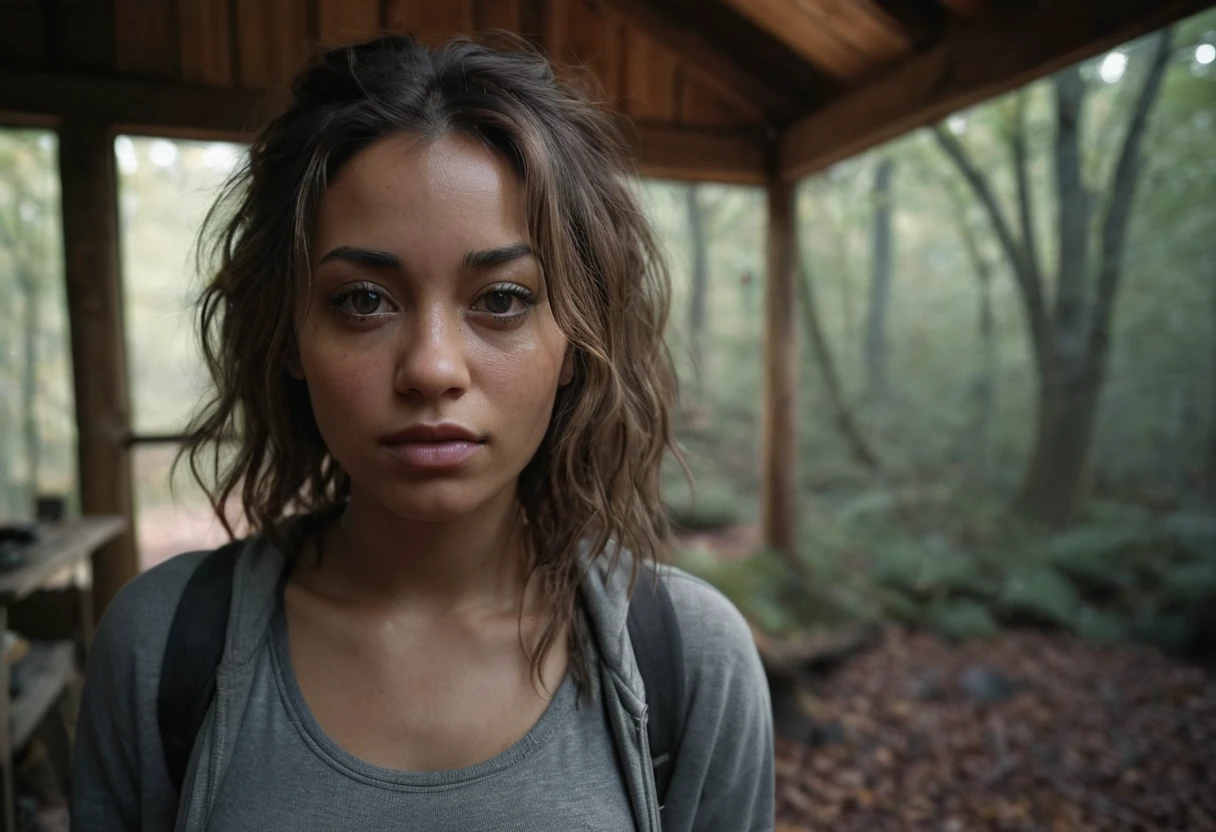 One Woman, close-up, (best quality), (ultra detailed), (air mist:1.5),Face is front,Highly revealing, 32 years old, (hiking clothes, grey leggings), mixed culture woman, dark afro styled Hair, on A forest path with fallen leaves, background is an isolated cabin,(best quality), (ultra detailed), (absolutely resolution), (Concealed support shirt), Black Hair, Treehouse-style bedroom in the woods、A healing space surrounded by naturepicture taken with ((camera obscura:1.2, pinhole camera)) a woman, intricate details, hyperdetailed, cinematic, dark shot, muted colors, film grainy, soothing tones, (contrast:0.9), extremely detailed, colorful, haunting a mysterious lady, dark skin, mixed cultures, dewy eyed, her, artistic stunning, attractive danger, she looks to us, see into your soul, good luck, high, stylized dark clothing layers, dark nature, raven, mourning doves, bugs obscura, high quality,masterpiece,extremely detailed,high res,4k,ultra high res,detailed shadow,ultra realistic,realistic,dramatic lighting,1girl,solo,detailed face,realistic eyes,realistic skin,honey gold hair, dress, messy hair, Woman inside gritty boutique, dense city boutique, inside display, PINHOLE camera ((dark contrast:1.1)) , in painted, inside, intwined, straddle hips, relaxed, morning dew, seasons, stunning, lovely, microdetailed, skin,