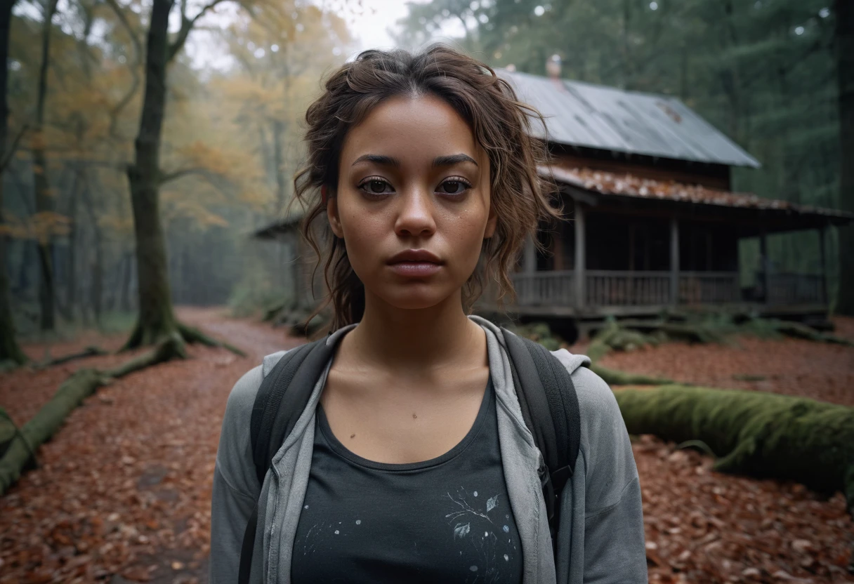 One Woman, close-up, (best quality), (ultra detailed), (air mist:1.5),Face is front,Highly revealing, 32 years old, (hiking clothes, grey leggings), mixed culture woman, dark afro styled Hair, on A forest path with fallen leaves, background is an isolated cabin,(best quality), (ultra detailed), (absolutely resolution), (Concealed support shirt), Black Hair, Treehouse-style bedroom in the woods、A healing space surrounded by naturepicture taken with ((camera obscura:1.2, pinhole camera)) a woman, intricate details, hyperdetailed, cinematic, dark shot, muted colors, film grainy, soothing tones, (contrast:0.9), extremely detailed, colorful, haunting a mysterious lady, dark skin, mixed cultures, dewy eyed, her, artistic stunning, attractive danger, she looks to us, see into your soul, good luck, high, stylized dark clothing layers, dark nature, raven, mourning doves, bugs obscura, high quality,masterpiece,extremely detailed,high res,4k,ultra high res,detailed shadow,ultra realistic,realistic,dramatic lighting,1girl,solo,detailed face,realistic eyes,realistic skin,honey gold hair, dress, messy hair, Woman inside gritty boutique, dense city boutique, inside display, PINHOLE camera ((dark contrast:1.1)) , in painted, inside, intwined, straddle hips, relaxed, morning dew, seasons, stunning, lovely, microdetailed, skin,