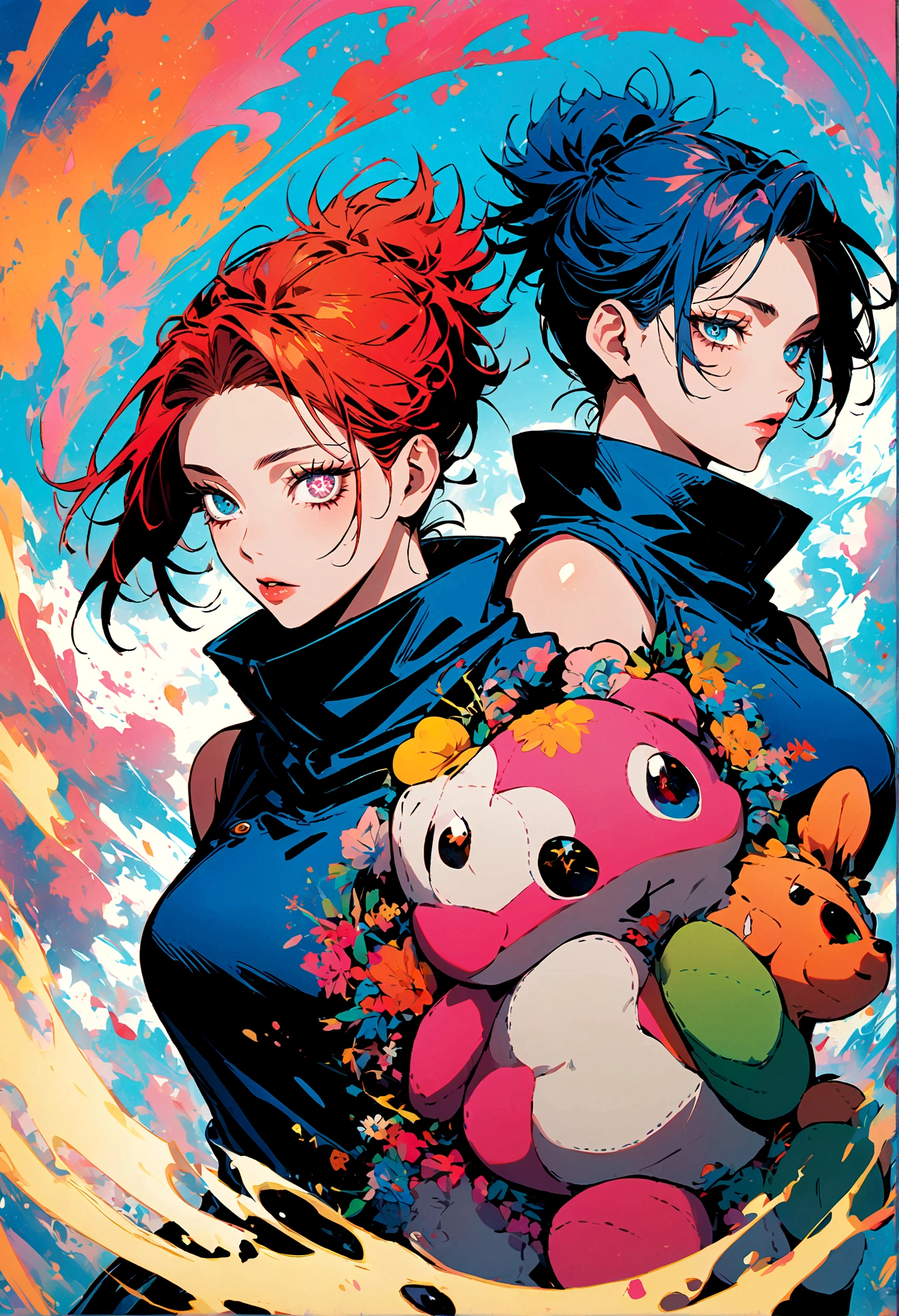 (2 girls,jujutsu kaisen),twins, stuff animals, one has a sword, starry eye design, artwork