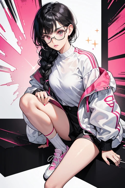 B-Gurl has a medium skin-tone and black hair streaked with white that's tied into two braids, below it is her beautiful and unique hairs which are styled and are black and white. Her eyes are dark grayish red, and she wears makeup in the same color though it’s a bit darker. B-Gurl also has a white line on her right cheek.
She has a white and pink jacket with text inside, her outfit consists of a black and white top, shorts, socks, and shoes. She also comes with black glasses. SPARKLE; GLITTER