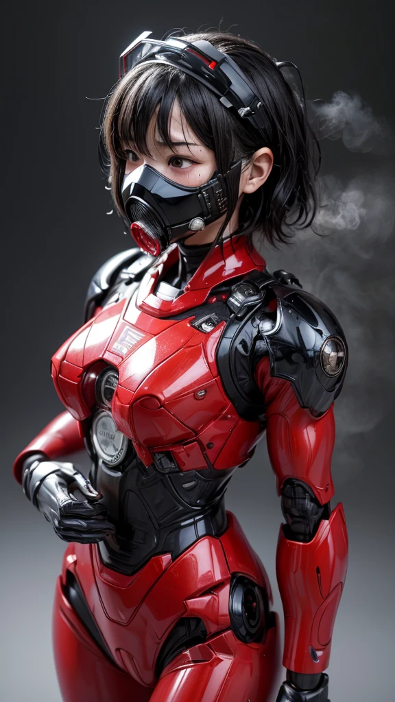 Highest quality　8k Red　Robot Suit Girl　Japanese middle-aged women　Sweaty face　cute　short hair　boyish　Steam coming out of my head　My hair is wet with sweat　The feel of black hair　Full body portrait　My upper body is soaked　 Airtight headgear　I can see the vagina　Lying in bed　Futuristic gas mask　Futuristic Headgear　Steam coming out of the body