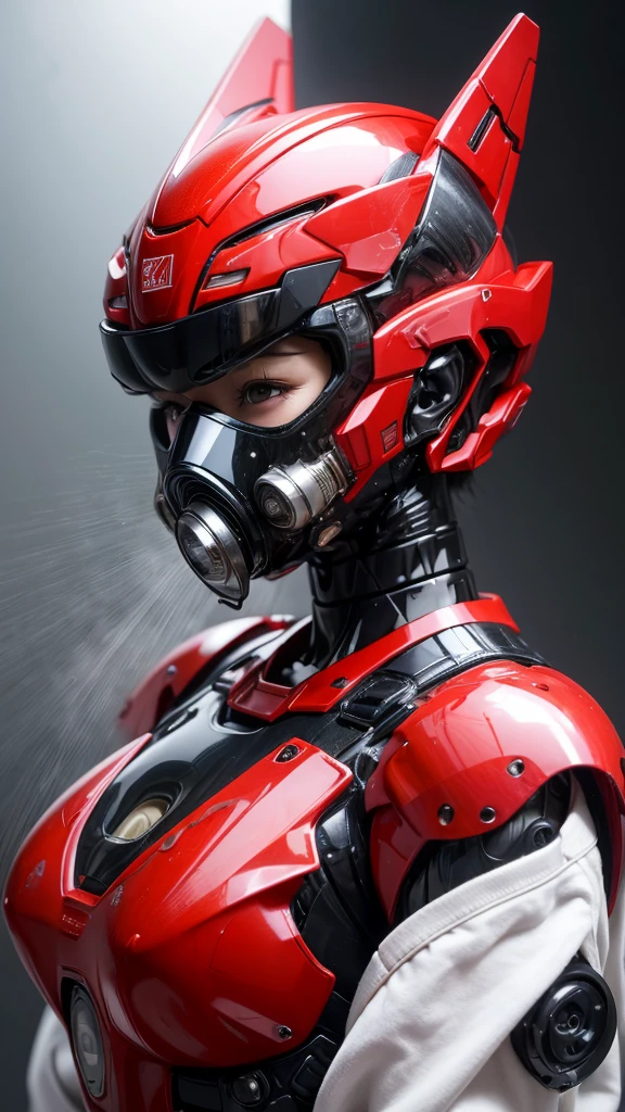 Highest quality 8k Red Robot Suit Girl Japanese middle-aged women Sweaty face cute short hair boyish Steam coming out of my head My hair is wet with sweat The feel of black hair Full body portrait My upper body is soaked Airtight headgear I can see the vagina Lying in bed Futuristic gas mask Futuristic Headgear Steam coming out of the body