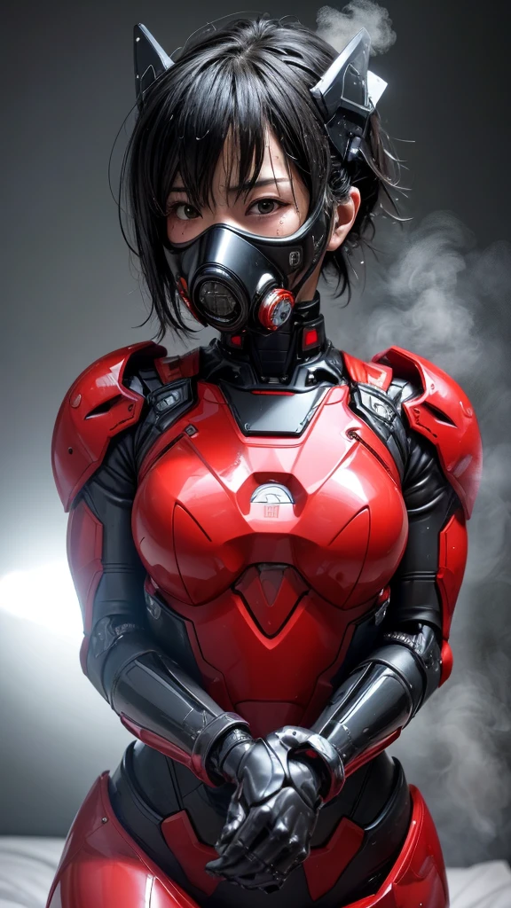 Highest quality　8k Red　Robot Suit Girl　Japanese middle-aged women　Sweaty face　cute　short hair　boyish　Steam coming out of my head　My hair is wet with sweat　The feel of black hair　Full body portrait　My upper body is soaked　 Airtight headgear　I can see the vagina　Lying in bed　Futuristic gas mask　Futuristic Headgear　Steam coming out of the body