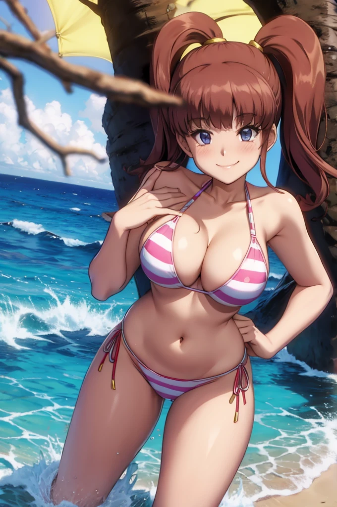 [[1girl, Copano Rickey (umamusume), umamusume]], bob cut,blue eyes,eyeshadow,huge breasts, solo, masterpiece, gleaming skin, super detailed skin, shiny hair, glamorous, smile,steam,sweat,contrapposto,barefoot,horse  tails,bob cut,micro bikini,beach