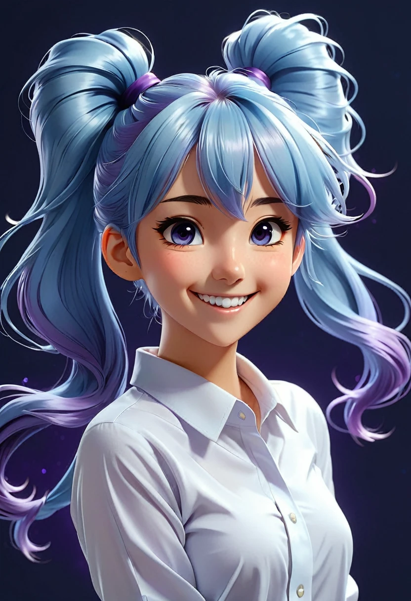      Fluffy Light Blue Hair with Light Purple Tips. An anime girl with double ponytails and long hair, wearing a white fir shirt, looking back and smiling. A happy and excited character on a simple abstract dark blue background, close up.( Perfect Anatomia )

               Beautiful and extremely fine texture，detailded, Ablaze, High quality animation style presentation
