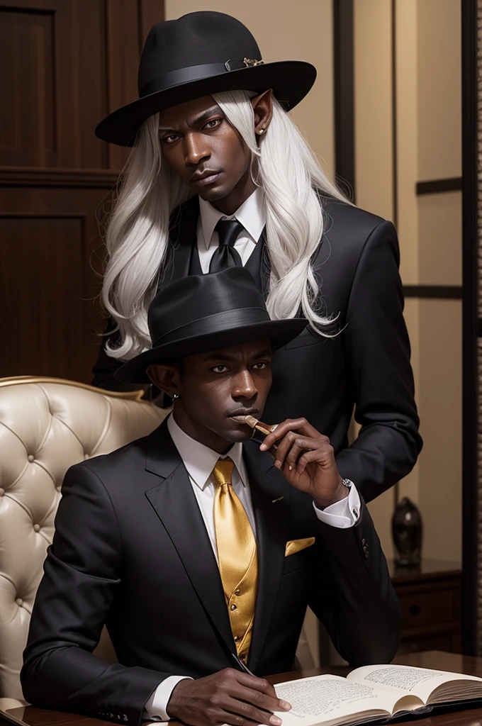 A drow elf with a mafia appearance, dark skin and piercing yellow eyes. He has straight, well-combed white hair.. He is dressed in an elegant dark suit and a silk tie.. He wears a fedora hat tilted on his head and holds a lit cigar in one hand.. The setting is a luxurious office room, with dark wood furniture, exuding an atmosphere of power and mystery.