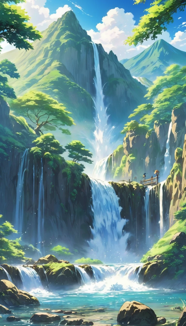 anime of a waterfall and a mountain with a waterfall in the foreground, anime landscape, anime landscape wallpaper, anime nature, anime beautiful peace scene, beautiful anime scenery, anime nature wallpap, anime scenery, anime art wallpaper 4k, anime countryside landscape, anime art wallpaper 4 k, scenery artwork, scenery wallpaper, japanese art style, anime background, beautiful anime scene. sharp and clear 16k