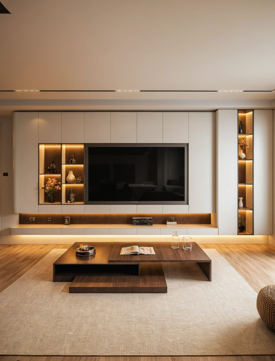 Raw photo,Masterpiece, high quality, best quality, authentic, super detail, interior , sunset, daylight, Modern style living room, TV cabinet, TV, decorative cabinet, books, flower vases, decor, bottles, statues, tea table, tray, wine bottle, open book, carpet, wooden floor