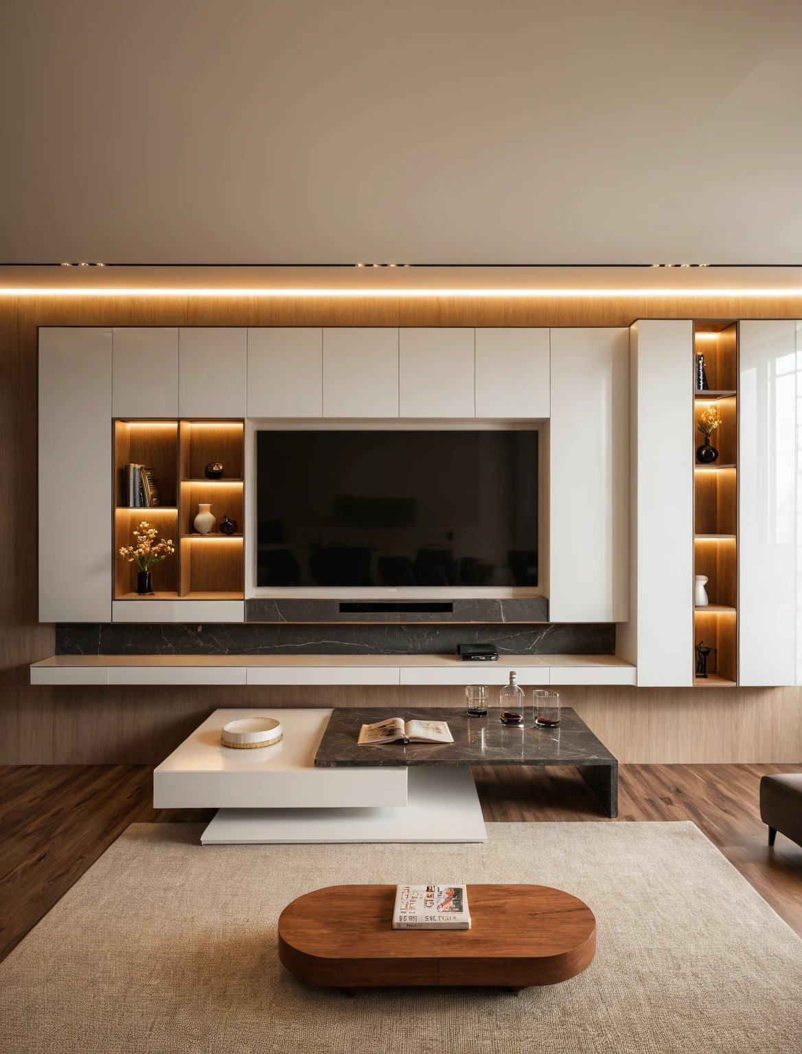 Raw photo,Masterpiece, high quality, best quality, authentic, super detail, interior , sunset, daylight, Modern style living room, TV cabinet, TV, decorative cabinet, books, flower vases, decor, bottles, statues, tea table, tray, wine bottle, open book, carpet, wooden floor