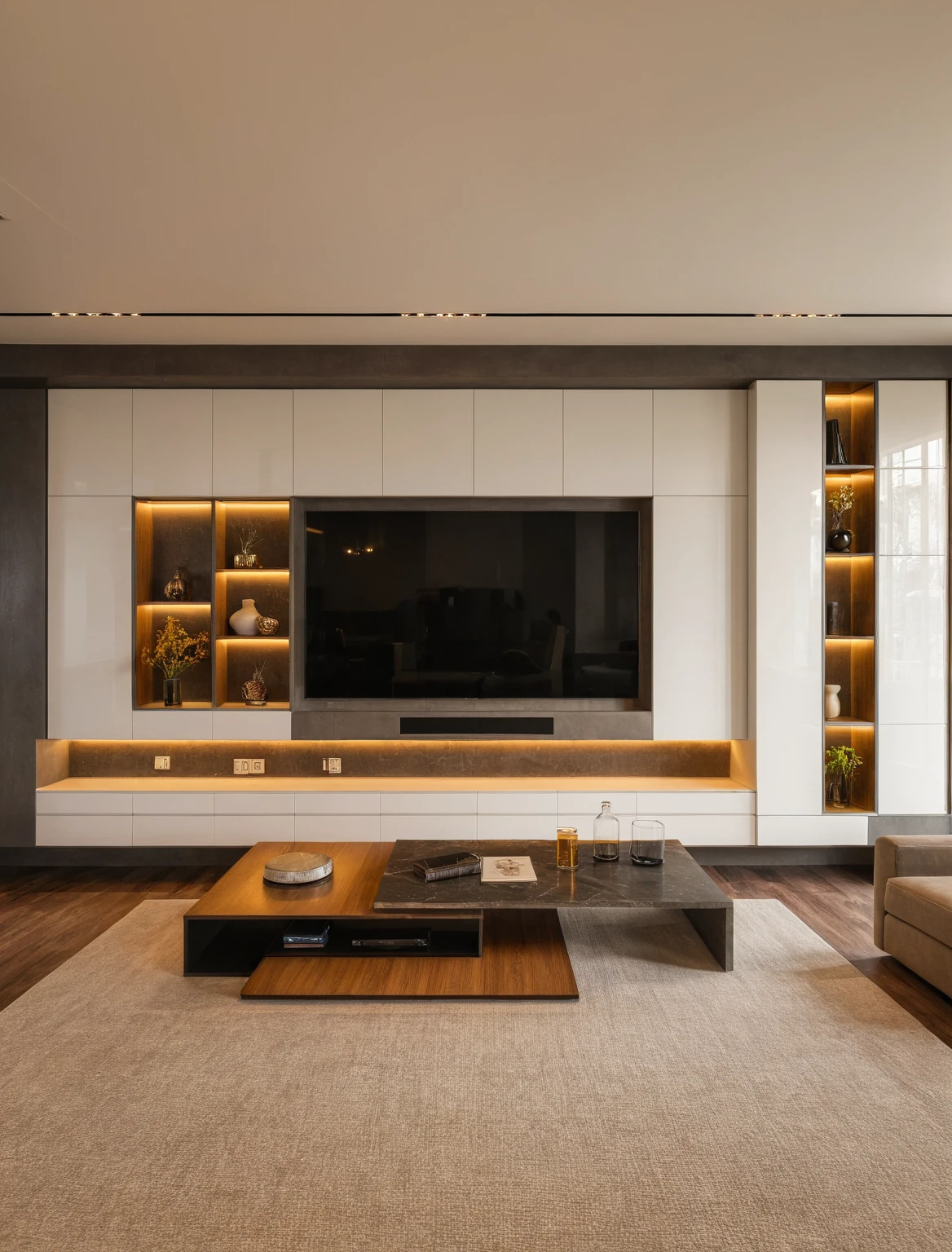 Raw photo,Masterpiece, high quality, best quality, authentic, super detail, interior , sunset, daylight, Modern style living room, TV cabinet, TV, decorative cabinet, books, flower vases, decor, bottles, statues, tea table, tray, wine bottle, open book, carpet, wooden floor