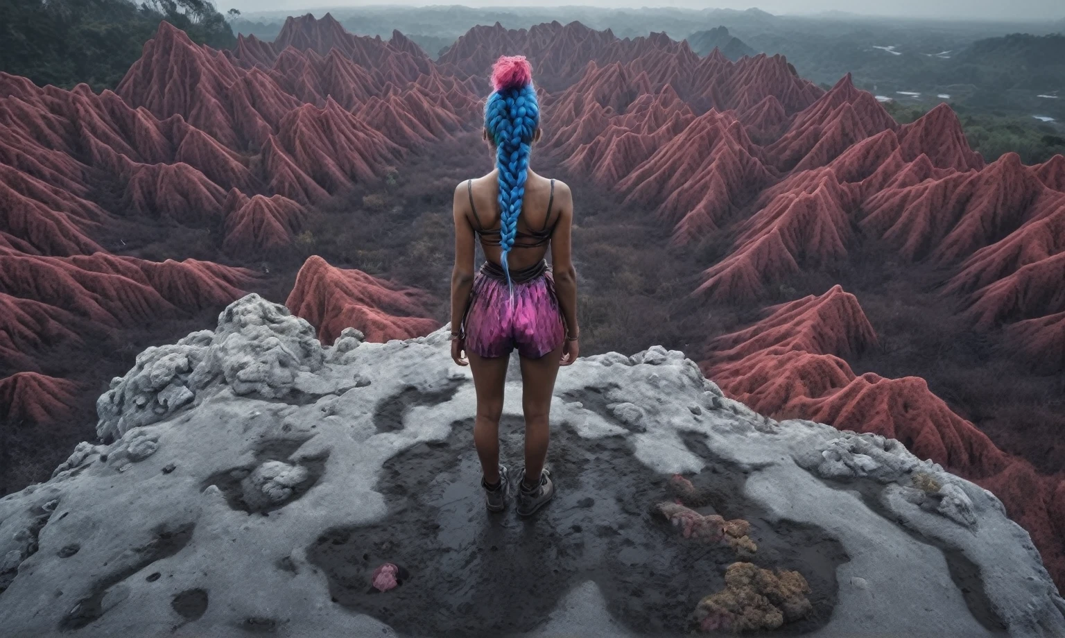 full-body-shot,view from height,full body length shot,Cobaltocalcite  vampire,babygirl,native african,lovely face,jealous,another world,ring of truth,French Braid with a Twist,4k resolution,RAW, Nikon Z9,by jimmy chin,view from height,lesbians,pretty face,eyebrow up,full body shot,ominous landscape,glate gray atmosphere,by art Simon Stalenhag,Nicola Samori,(((Wangechi Mutu))),prime colors,urban,extremely detailed,masterpiece,intricate details,fade,brazilian carnival