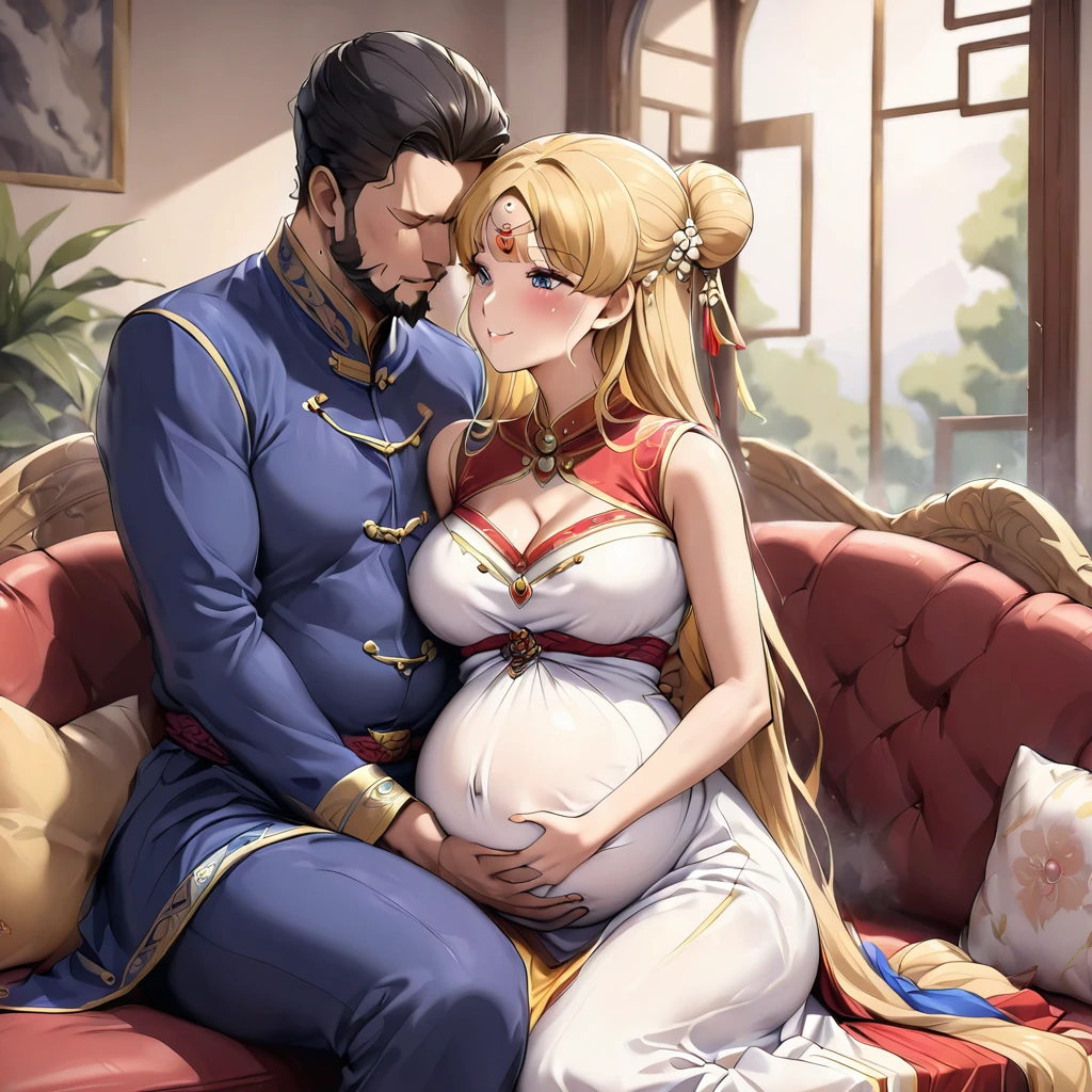 ((Highest quality)), ((masterpiece)), (detailed), (Perfect Face)、The woman is a Mongolian woman named Tsukino Usagi, and is wearing a gorgeous and colorful Mongolian national dress, Dale, in a Mongolian mansion, with gorgeous jeweled accessories and an engagement ring. The woman and the man are sitting on a gorgeous, large sofa in the luxurious room, and the woman is passionately embracing and passionately kissing a dignified, bearded middle-aged Mongolian man wearing a Mongolian national dress, making passionate love as a married couple.、The woman is the elegant Tsukino Usagi, with her long blonde hair in a chignon twin tail, and wearing the colorful Mongolian national costume, the Mongolian Tsukino Usagi.、The man is a dignified, sturdy, bearded Mongolian man wearing Mongolian national dress.、the woman is pregnant