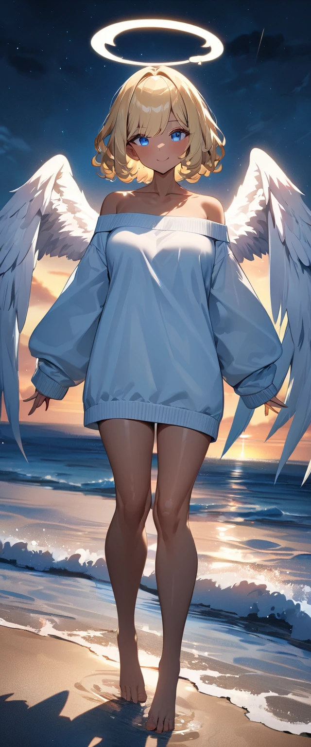 (((One girl))), full body, ((tanned skin)), flying in the sky, ((angel, big big white wings:1.2, halo:1.3)), ((wavy hair)), evening, Sunset, sea, beach, ((blond hair, bob cut:1.3)), big breasts, teenager, (looking at viewer), oversized clothes, puffy long sleeves, collarbone, ((off-shoulder sweater dress:1.3, Quite thick shoulder straps)), (((sleeves past wrists:1.3))), ((white sweater)), collarbone, head tilt:1.3, (((blue eye))), ((happy smile)), (((anime style))), (best quality, 4K, 8K, highres, masterpiece:1.2, ultra-detailed, ultra-detailed eyes, HDR, uhd, studio lighting, ultra-fine painting, sharp focus, physically-based rendering, extreme detail description, professional, vivid colors, bokeh), ((Highest quality, Best image quality, Ultra-high resolution, Ultra-high resolution, solo, Strong eye highlights)), Depth of written boundary, Natural soft light, attractive, Beautiful Face, Cleanliness, Pure Face, medium chest, Beautiful Face, Perfect Fingers, Perfect hands, Perfect body, Perfect Face, Shine a light into your eyes, Perfect Anatomy