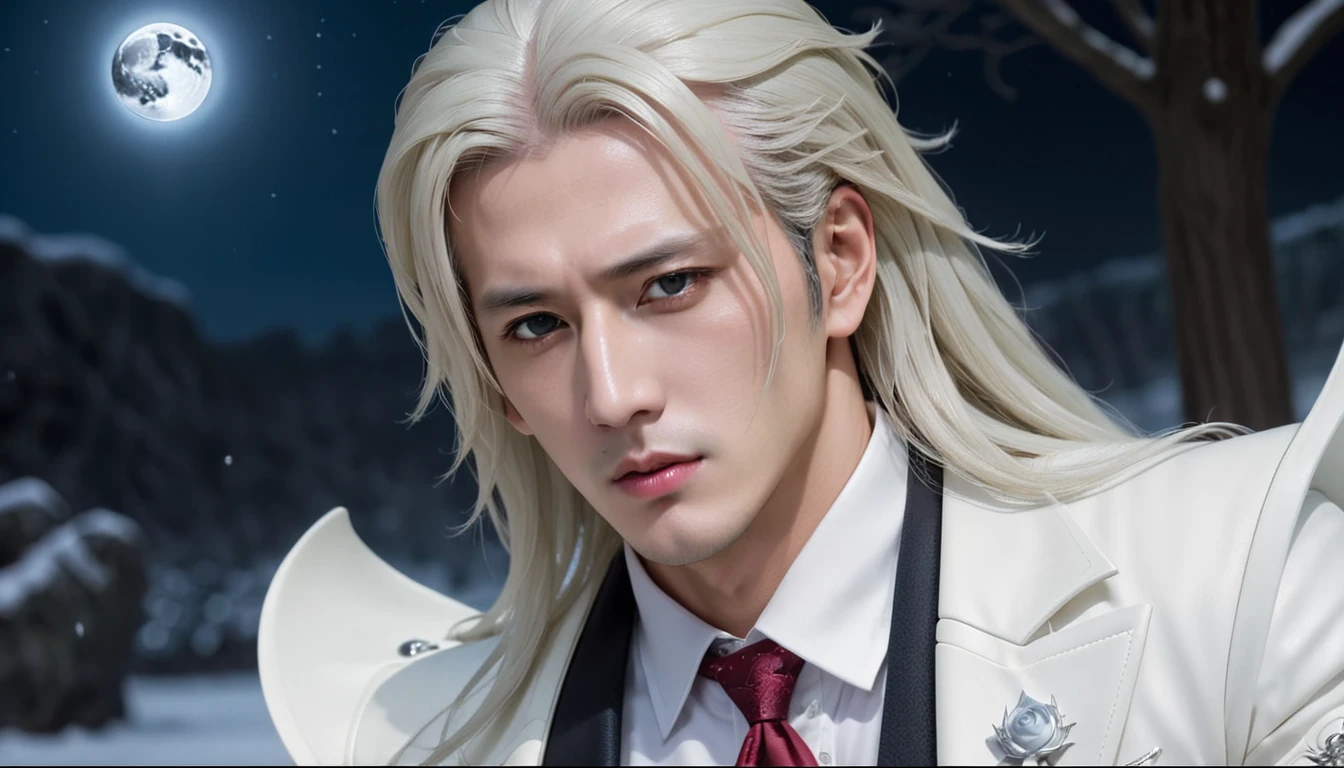 masterpiece, best quality, (alone focus), (perfect face:1.1), (high detail:1.1), (very detailed eyes), dramatic, A man with pale skin and long, voluminous white hair, white snow, alone, long hair, Sephiroth, moon, night, white luxury suit, belly button covered, swollen lips, hair, arrogant expression, rose 정원, detailed background, art by artgerm, cinematic lighting, rose, fashion, Balenciaga style