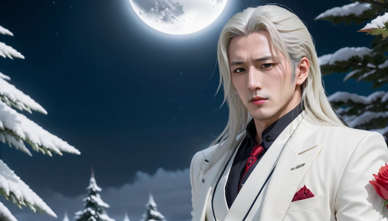 masterpiece, best quality, (alone focus), (perfect face:1.1), (high detail:1.1), (very detailed eyes), dramatic, A man with pale skin and long, voluminous white hair, white snow, alone, long hair, Sephiroth, moon, night, white luxury suit, belly button covered, swollen lips, hair, arrogant expression, rose 정원, detailed background, art by artgerm, cinematic lighting, rose, fashion, Balenciaga style