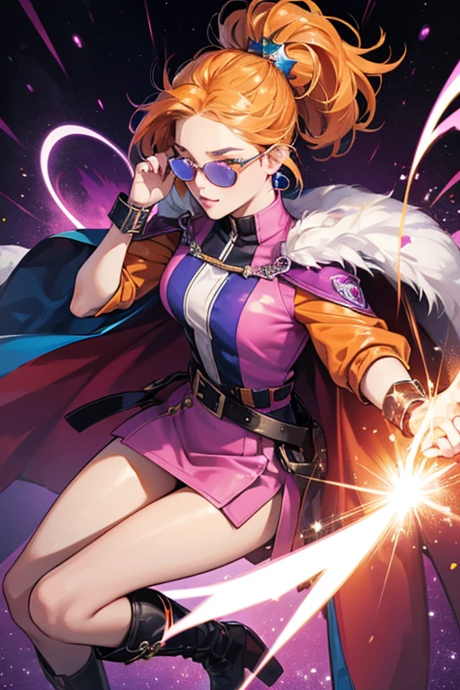 Major Lady has light-colored skin and orange hair with yellow streaks. Other details include a turquoise eye (left), a purple eye (right), orange eyebrows, orange eye shadow, orange nail polish, orange lipstick, and pink blush. Under a blacklight, as the series advertises, her hair lights up and appears to glow, as does her eyebrows and eye shadow, and a lightning bolt appears on her right eye.
She wears a one-piece stunt uniform that is black with silver stripes on the left and blue on the right. She also wears a translucent and glittery silver cape and boots with a swirl effect of orange, lavender, and fuchsia colors. Under a blacklight, as the series advertises, her cape and boots light up.
Her accessories include blue star-shaped sunglasses, earrings with three stars, a silver belt, and an orange cuff with a magenta swirl. SPARKLE; GLITTER