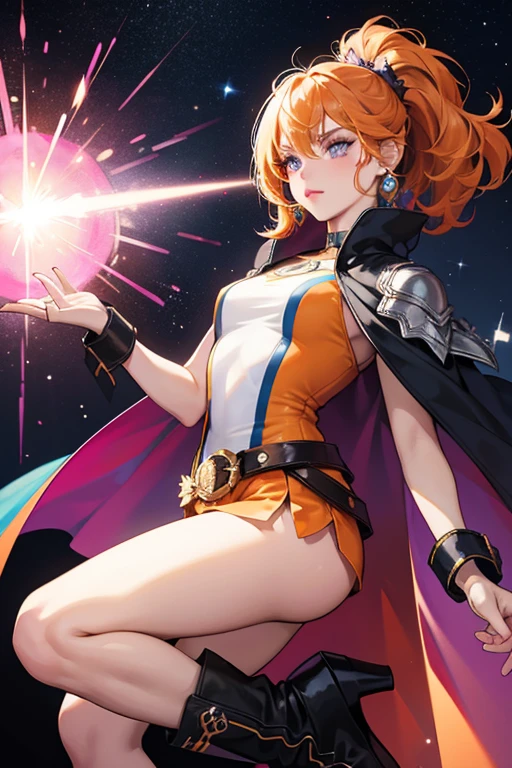 Major Lady has light-colored skin and orange hair with yellow streaks. Other details include a turquoise eye (left), a purple eye (right), orange eyebrows, orange eye shadow, orange nail polish, orange lipstick, and pink blush. Under a blacklight, as the series advertises, her hair lights up and appears to glow, as does her eyebrows and eye shadow, and a lightning bolt appears on her right eye.
She wears a one-piece stunt uniform that is black with silver stripes on the left and blue on the right. She also wears a translucent and glittery silver cape and boots with a swirl effect of orange, lavender, and fuchsia colors. Under a blacklight, as the series advertises, her cape and boots light up.
Her accessories include blue star-shaped sunglasses, earrings with three stars, a silver belt, and an orange cuff with a magenta swirl. SPARKLE; GLITTER