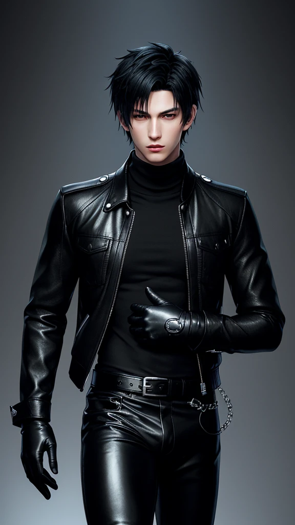 Final fantasy taste and reality graphics, Japanese young cute and cool ikemen  boy, his age is early 20s, thin eyebrows and beady eyes,  he wearing off black color leather thick singlebrest biker jacket, with epaulet,  must close the front of the leather jacket, jacket is biker style, jacket is voluminous, , jacket collar is high length stand-up collar with belts, jacket is a little black line pattern,close the front of the jacket, also wearing black thick turtleneck lackluster shirts,  tight black leather pants, shiny black leather tight and thin glove, black leather knee-high raceup boots,must views  head-to-toe,must views whole body, boy looks like fashion model,Do not show skin from the neck down,leather jacket leather glove and leather pants have few wrinkles,boy in the room,