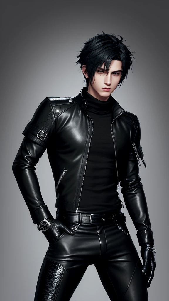 Final fantasy taste and reality graphics, Japanese young cute and cool ikemen  boy, his age is early 20s, thin eyebrows and beady eyes,  he wearing off black color leather thick singlebrest biker jacket, with epaulet,  must close the front of the leather jacket, jacket is biker style, jacket is voluminous, , jacket collar is high length stand-up collar with belts, jacket is a little black line pattern,close the front of the jacket, also wearing black thick turtleneck lackluster shirts,  tight black leather pants, shiny black leather tight and thin glove, black leather knee-high raceup boots,must views  head-to-toe,must views whole body, boy looks like fashion model,Do not show skin from the neck down,leather jacket leather glove and leather pants have few wrinkles,boy in the room,