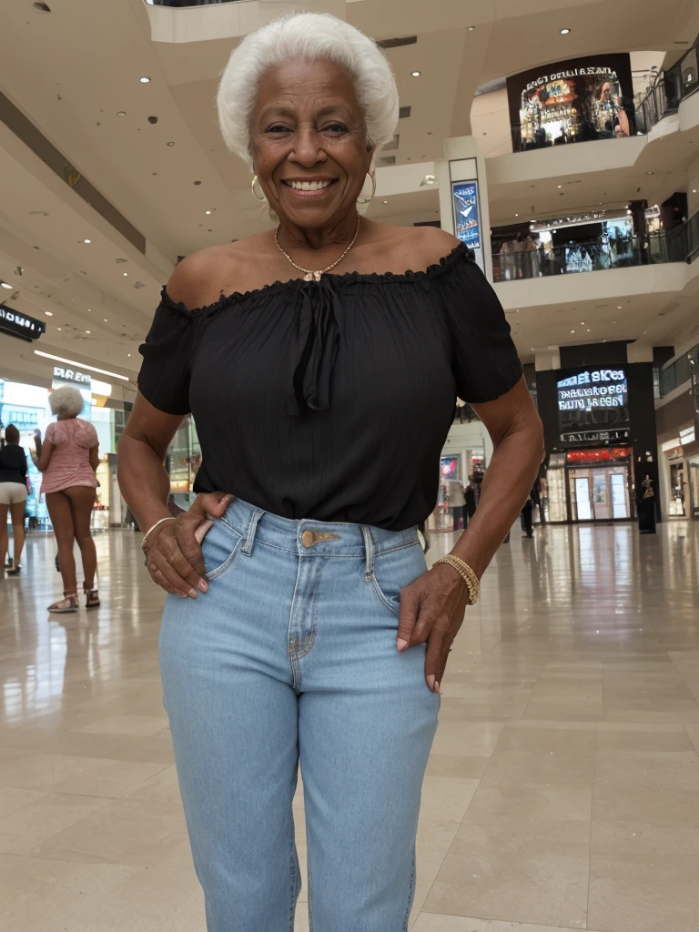 Androeda, solo, realistic, black girl, ((85-year-old girl)), ((mature)), ((old woman)), ((wrinkled woman)), african american old woman, old black woman, dark-skinned, (((upper body and upper legs))), ((at the mall)), ((wide shot)), smiling, wearing blouse and jeans, white hair, leaning