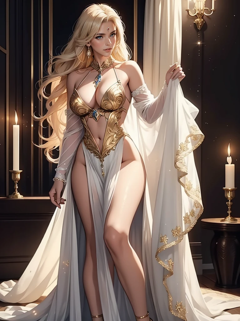 An incredibly beautiful young woman - blonde, blue eyes, long golden hair, long bangs, she is dressed in revealing burlesque clothes like Dita von Teese. Masterpiece, perfect image, realistic photos, full-length image, 8k, detailed image, extremely detailed illustration, a real masterpiece of the highest quality, with careful drawing. glow. posing for photographers, her costume shimmers and reflects the spotlight, sexy, alluring, attractive.