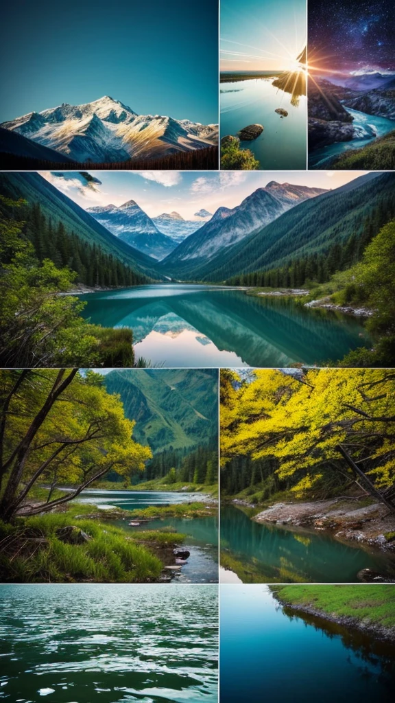 Make 4 pictures of the beauty of the universe, rivers, seas, mountains, lakes, swamps, oceans