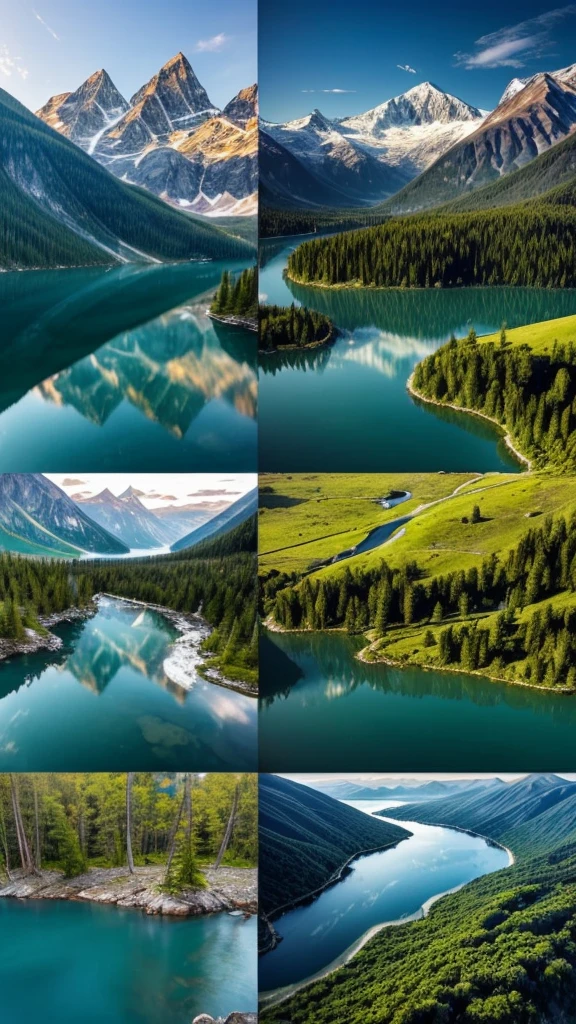 Make 4 pictures of the beauty of the universe, rivers, seas, mountains, lakes, swamps, oceans