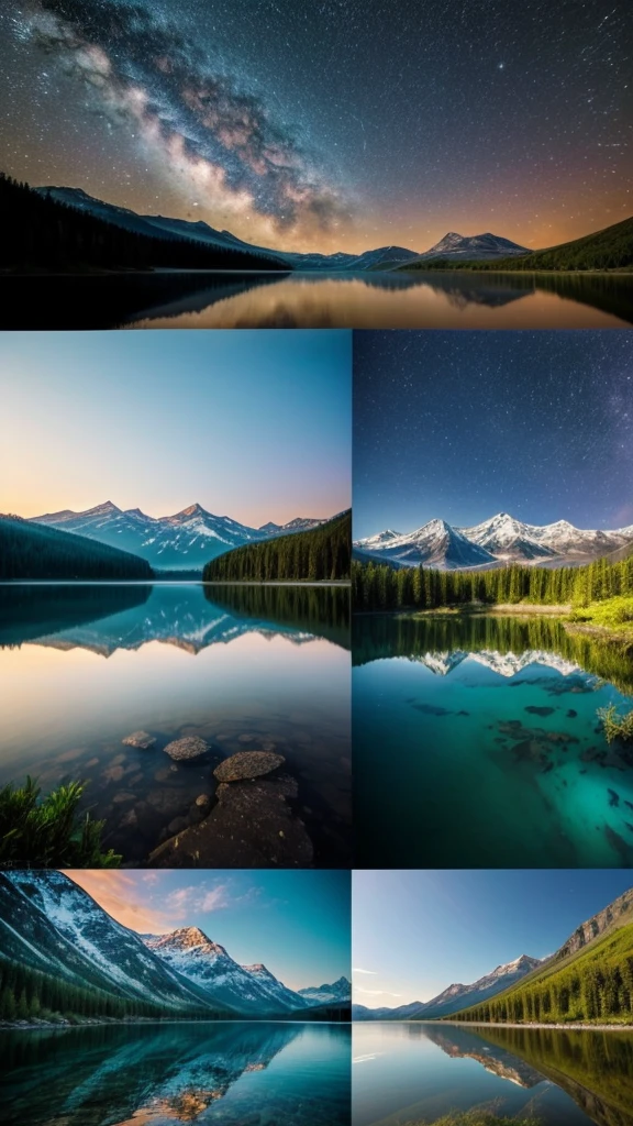 Make 4 pictures of the beauty of the universe, rivers, seas, mountains, lakes, swamps, oceans