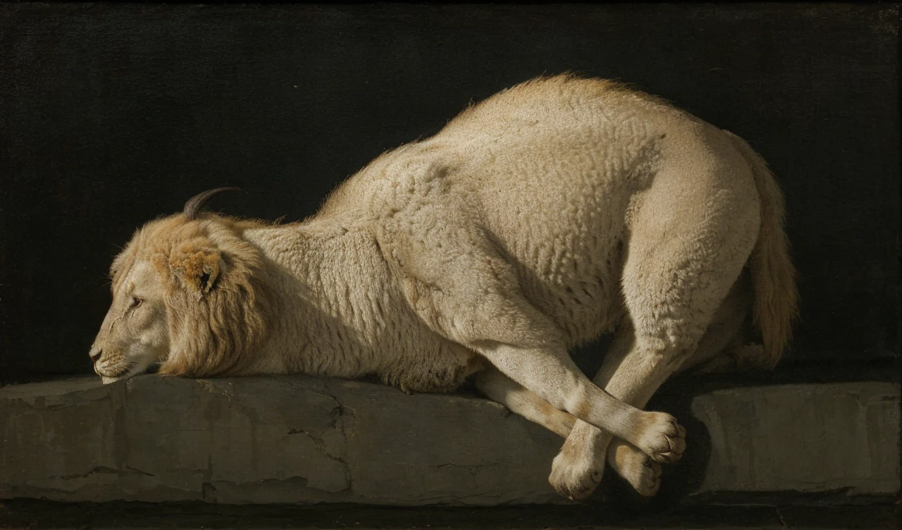 A CLASSIC GOYA PAINTING OF A LION EATING A LAMB MEDIEVAL DARK FANTASY