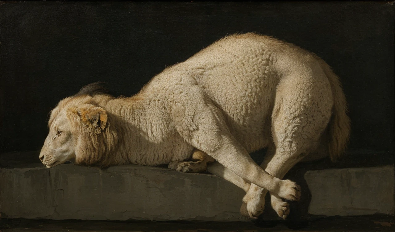 A CLASSIC GOYA PAINTING OF A LION EATING A LAMB MEDIEVAL DARK FANTASY