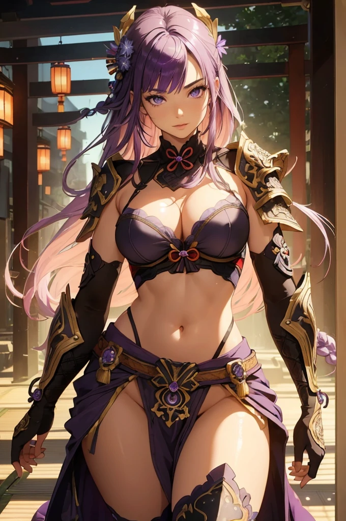 ((1girl, solo)), beautiful body, (perfect anatomy, perfect body, perfect hands, perfect legs), natural proportions, sexy body, large breasts, ((full body, full body front)) BREAK

((extremely detailed face)), (beautiful detailed eyes:1.6), (realistic pupils, realistic iris:1), expressive eyes, looking at viewer, (clear eyes:1.3), (hyperrealistic:1.2), (detailed skin texture:1.2), smooth skin, raiden shogun, (purple hair:1.5), (purple eyes), long hair, very long hair, braid, ((braided ponytail)), bangs, parted bangs, hair ornament, hair tie, ((mature female)), ((little smile)), (detailed lips:1.2), (attractive lips:1.1), (glossy lips:1.1), (parted lips), perfect face, perfect eyes BREAK

(revealing clothes:1.5), (japanese armor:1.5), (samurai armor), (groin:1.5), (((highleg))), bikini armor, pelvic curtain, partially visible vulva BREAK

(masterpiece:1.5), anime-style, top quality, best quality, (beautiful and aesthetic:1.2), (ultra detail:1.5), Ultra-detailed depiction, Ultra-precise depiction, extremely detailed 8k illustration, high resolution, (highly detailed shading:1.2), (realistic lighting:1.4), perfect lighting, vibrant colors, dynamic tones, striking hues, 8k, absurd resolution, perfect shadows, hdr, UHD, ambient lighting, realistic, ultra-realistic, photo realistic, highly detailed, rich detail, luminous colors, fine texture, intricate design, professional illustration, (soft light:1.2), (illustration:0.7)