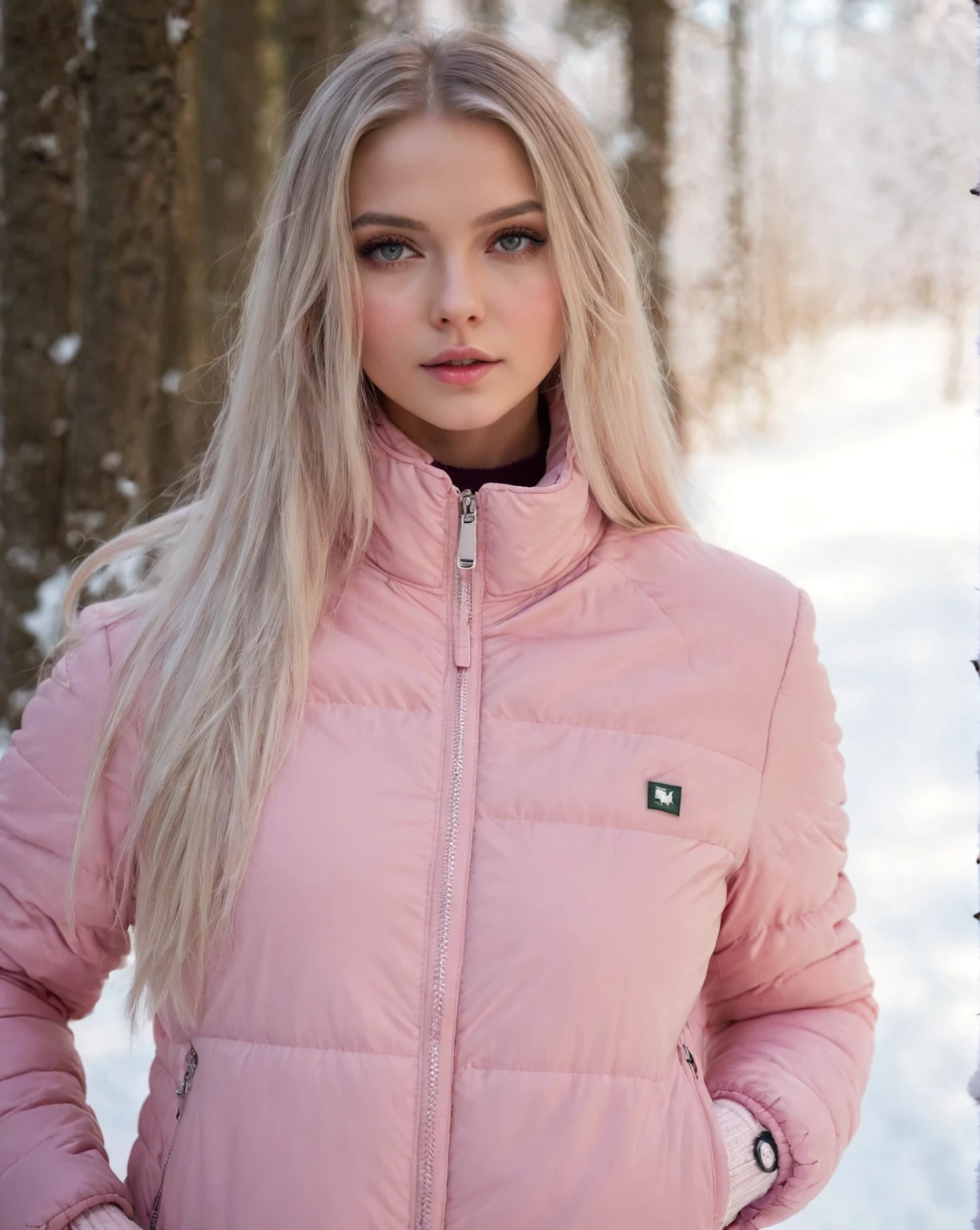 Blonde woman in pink jacket posing for a photo in the snow., model wears a quilted jacket, faded pink, pastel pink, in the pink forest, swedish blonde woman, light pink tonalities, Irina Nordsol Kuzmina, light pink, Beautiful nordic woman, Jenni Pasanen, bright pink face, a complete portrait of the nordic woman, quilted jacket