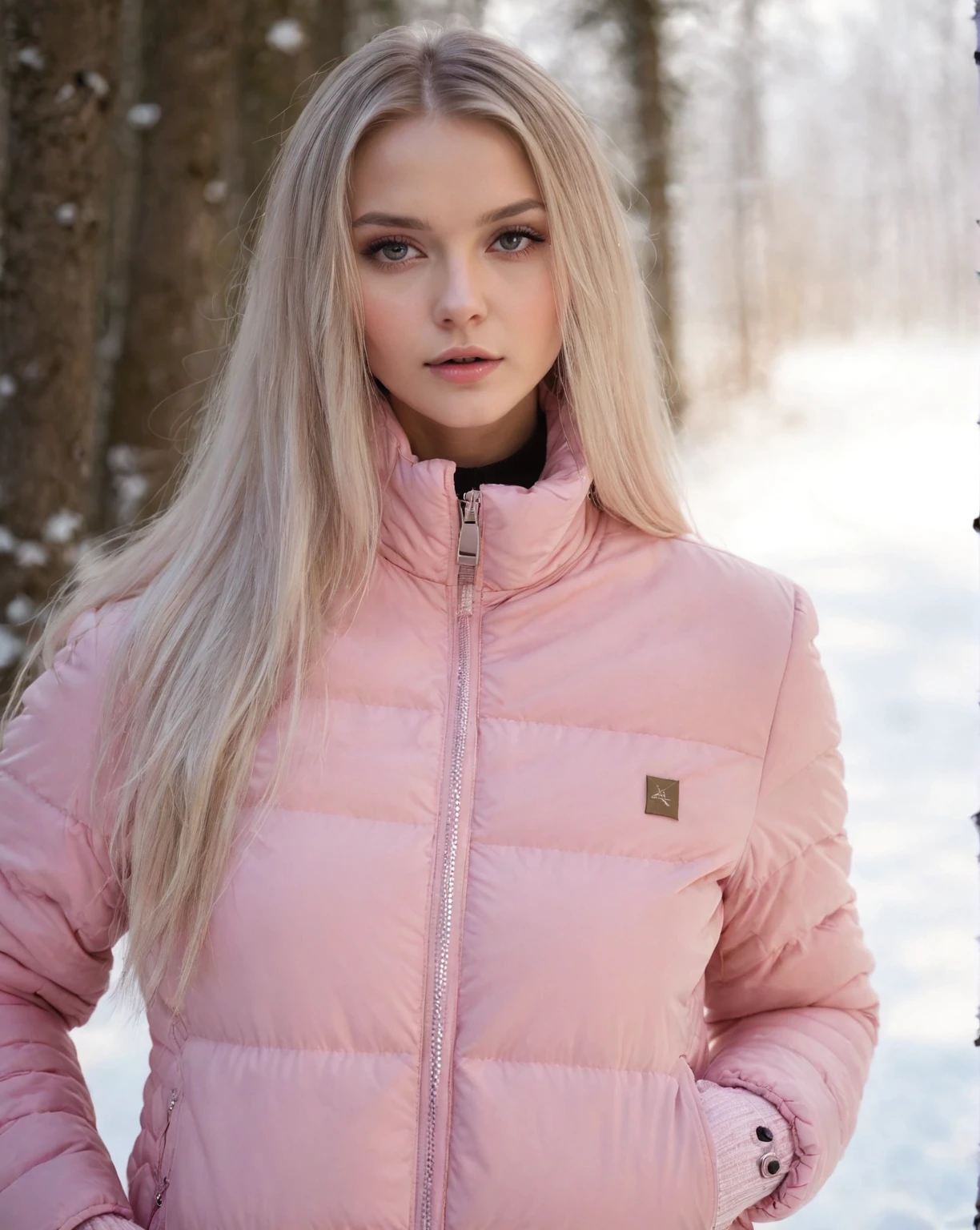 Blonde woman in pink jacket posing for a photo in the snow., model wears a quilted jacket, faded pink, pastel pink, in the pink forest, swedish blonde woman, light pink tonalities, Irina Nordsol Kuzmina, light pink, Beautiful nordic woman, Jenni Pasanen, bright pink face, a complete portrait of the nordic woman, quilted jacket