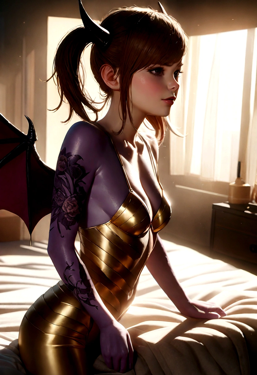 A beautiful young succubus (Kate Mara age 25), violet skin, twin scorpion tails, detailed tattoos, leathery bat wings, flirtatious expression, golden body jewelry, safe for work, bedroom interior, lush bedding, soft lighting, atmospheric, cinematic, highly detailed, 8k, photorealistic, studio lighting, masterpiece