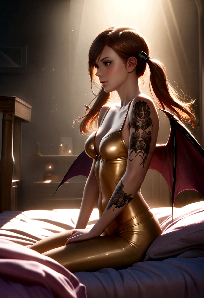 A beautiful young succubus (Kate Mara age 25), violet skin, twin scorpion tails, detailed tattoos, leathery bat wings, flirtatious expression, golden body jewelry, safe for work, bedroom interior, lush bedding, soft lighting, atmospheric, cinematic, highly detailed, 8k, photorealistic, studio lighting, masterpiece