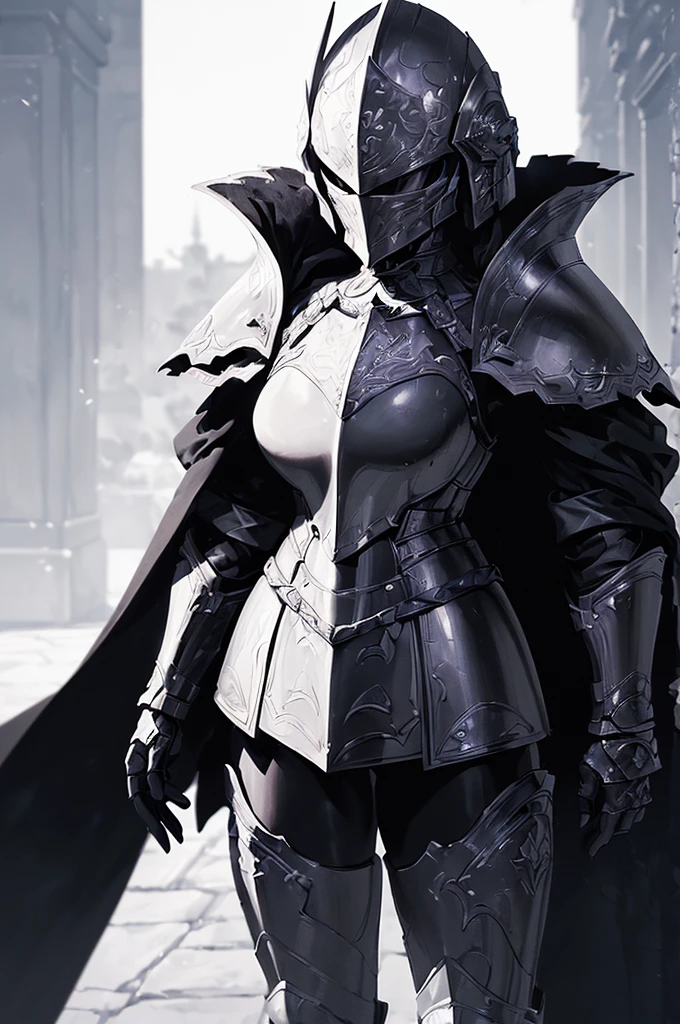 (masterpiece; best quality: 1.2), ((full armored knight woman)), ((solo)), (black eyes: 1.4), (body; toned, strong, femenine: 1.3), (beautiful and clear background: 1.2), ((depth of field)), (equipment: full plate all-black dark-damascus realistic armor + closed helmet with plume + black cape: 1.3), (anime illustration: 1.2), (background composition; garden exterior + furniture: 1.1), (extremely fine and beautiful: 1.1), (shot composition; standing + centered on torso + close-up: 1.5)