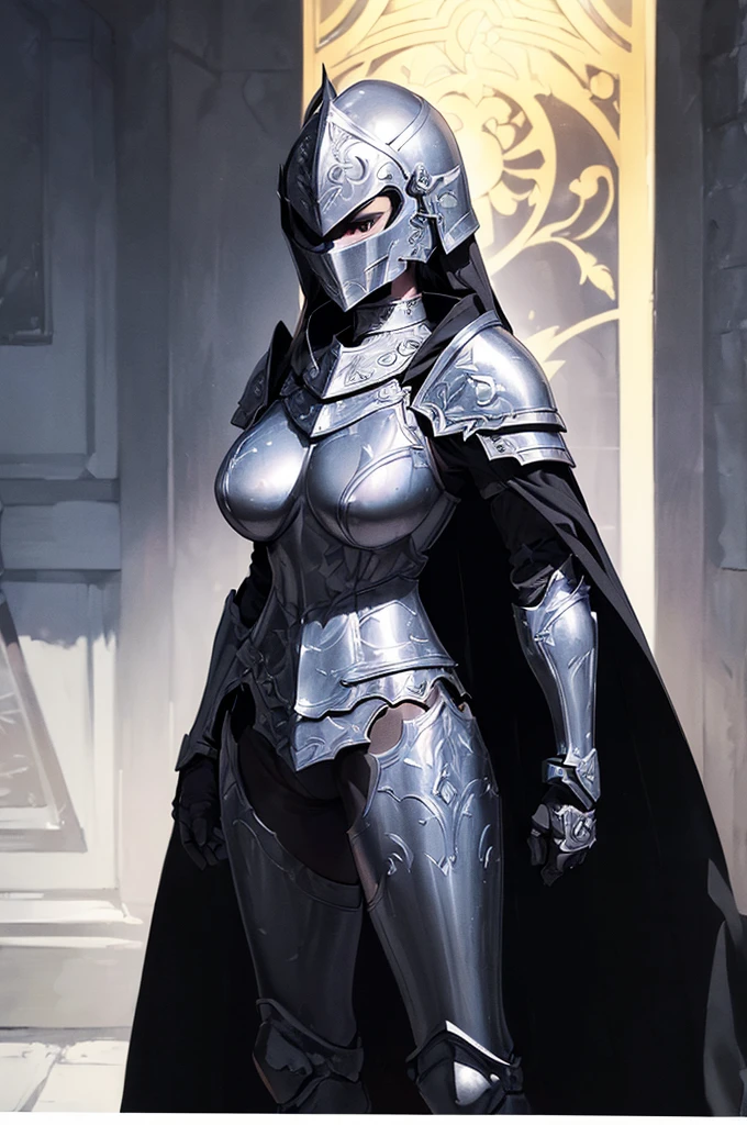 (masterpiece; best quality: 1.2), ((full armored knight woman)), ((solo)), (black eyes: 1.4), (body; toned, strong, femenine: 1.3), (beautiful and clear background: 1.2), ((depth of field)), (equipment: full plate all-black dark-damascus realistic armor + closed helmet with plume + black cape: 1.3), (anime illustration: 1.2), (background composition; garden exterior + furniture: 1.1), (extremely fine and beautiful: 1.1), (shot composition; standing + centered on torso + close-up: 1.5)