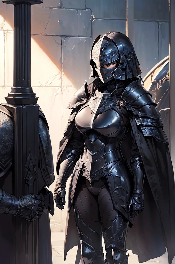 (masterpiece; best quality: 1.2), ((full armored knight woman)), ((solo)), (black eyes: 1.4), (body; toned, strong, femenine: 1.3), (beautiful and clear background: 1.2), ((depth of field)), (equipment: full plate all-black dark-damascus realistic armor + closed helmet with plume + black cape: 1.3), (anime illustration: 1.2), (background composition; garden exterior + furniture: 1.1), (extremely fine and beautiful: 1.1), (shot composition; standing + centered on torso + close-up: 1.5)