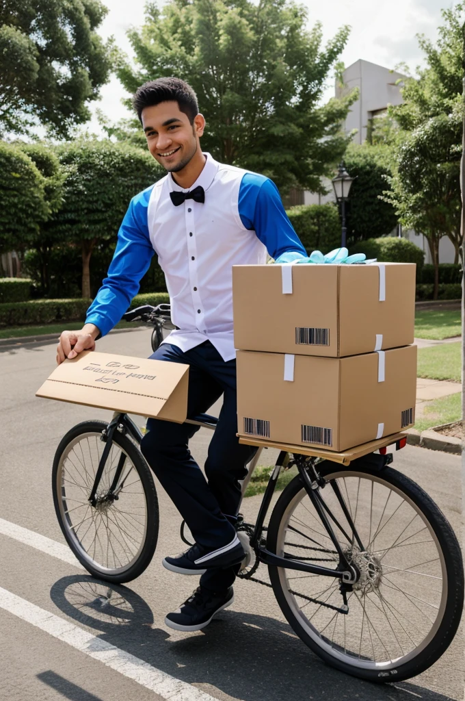 A delivery man in a bicycle carrying a board written QR Weds .delivering wedding invitatiin cards