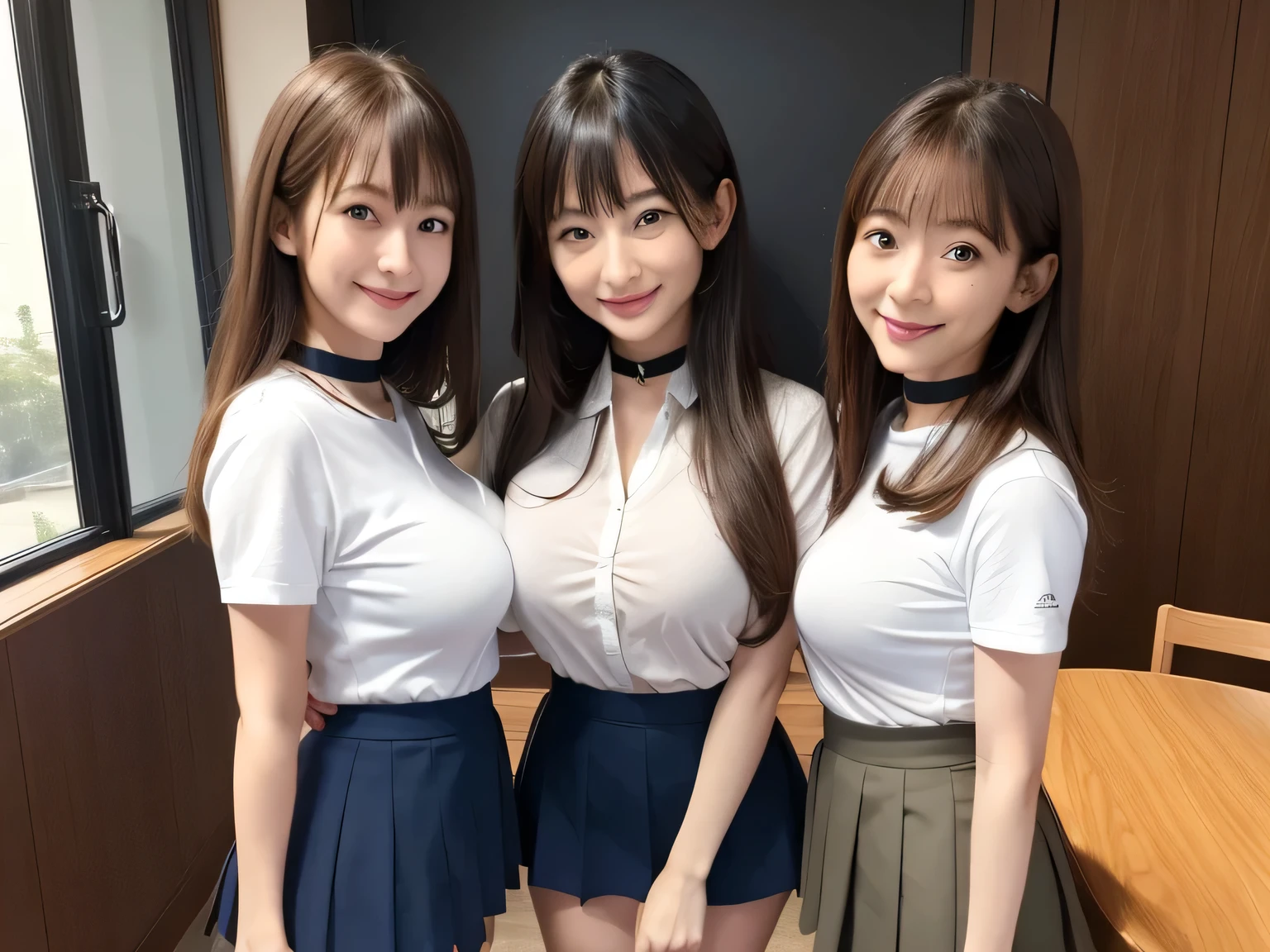 100 Girls,Crowded, Long Hair, Brown Hair, sexly, A row of girls, Girls standing in alignment, Girls only, Sisters, ((uniform、mini skirt)),Full body photo:1.9, adorable, smile, Slim face, Slim body, Short Brown Hair, 32k, masterpiece, Best image quality,Ultra-high resolution,Perfect hands,Black Choker、blue eyes、bangs、Very numerous and very long eyelashes, Lots of girls、 Dependents, Fully booked, Big Breasts、Beautiful girls in uniform、Big Breasts、huge breast bulge、Alignment、Stand up straight、conference room、Small room
