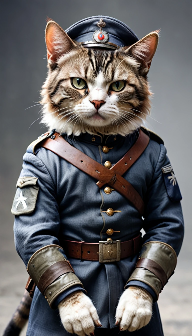 Professional photo of a cute cat in human form wearing combat uniform from World War I, His face was filled with anger, He's in the trenches, Surrounded by soldiers, dust, smokes, FOG, explode. Photorealism, Photorealismistic, high quality