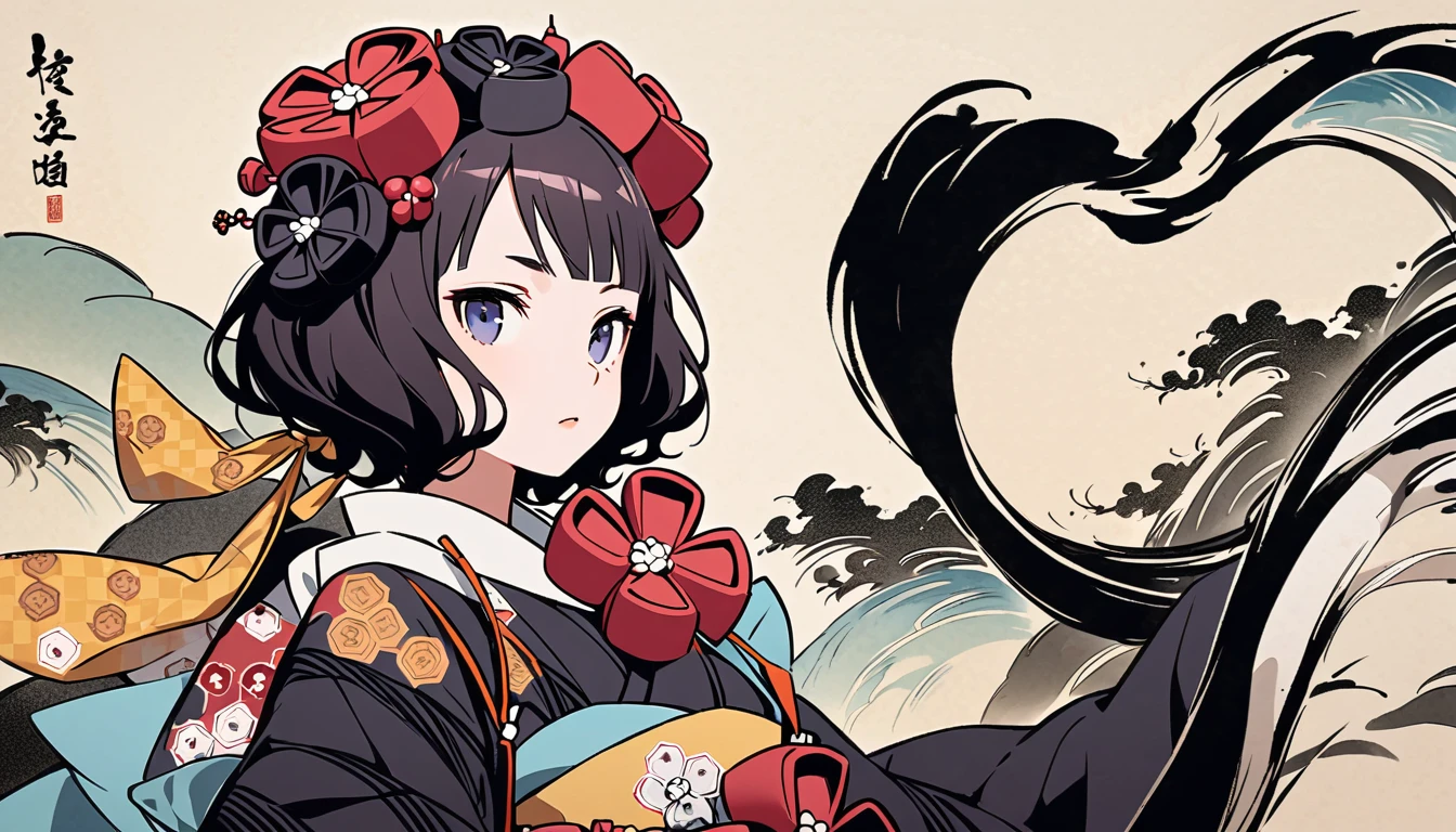 (((Katsushika Hokusai))), (((Ink Painting))), ((very straight longhair)), ((1 girl)), ((pastel color)), ((beautiful girl)), Japanese style headphones, Black Hair, Delicate and precise, Modern ukiyo-e style