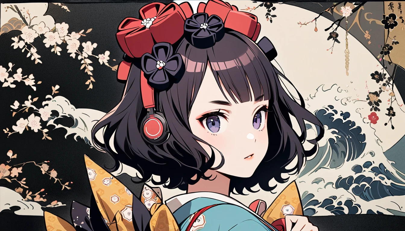 (((Katsushika Hokusai))), (((Ink Painting))), ((very straight longhair)), ((1 girl)), ((pastel color)), ((beautiful girl)), Japanese style headphones, Black Hair, Delicate and precise, Modern ukiyo-e style