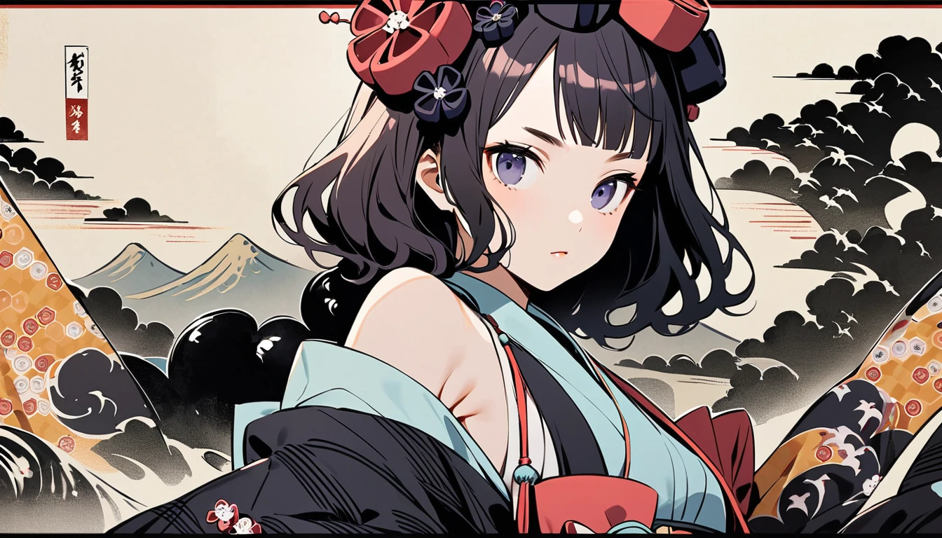 (((Katsushika Hokusai))), (((Ink Painting))), ((very straight longhair)), ((1 girl)), ((pastel color)), ((beautiful girl)), Japanese style headphones, Black Hair, Delicate and precise, Modern ukiyo-e style