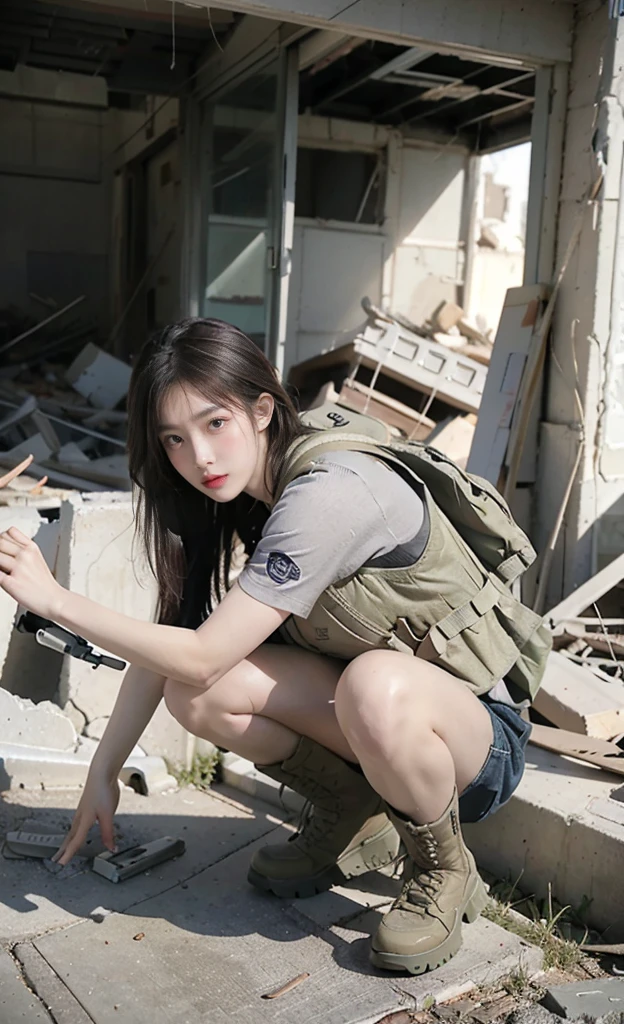 8K, Realistic photos, Realistic skin texture, Korean beauties in the US military、Outside the ruins of a large American supermarket、End of operation、Car buried in rubble、Automatic Rifle、Bulletproof vest、exhausted、Fist bump with other team members、Rescue the hostages、Backpack、boots、covered in wounds、Dynamic poses、Innovative composition