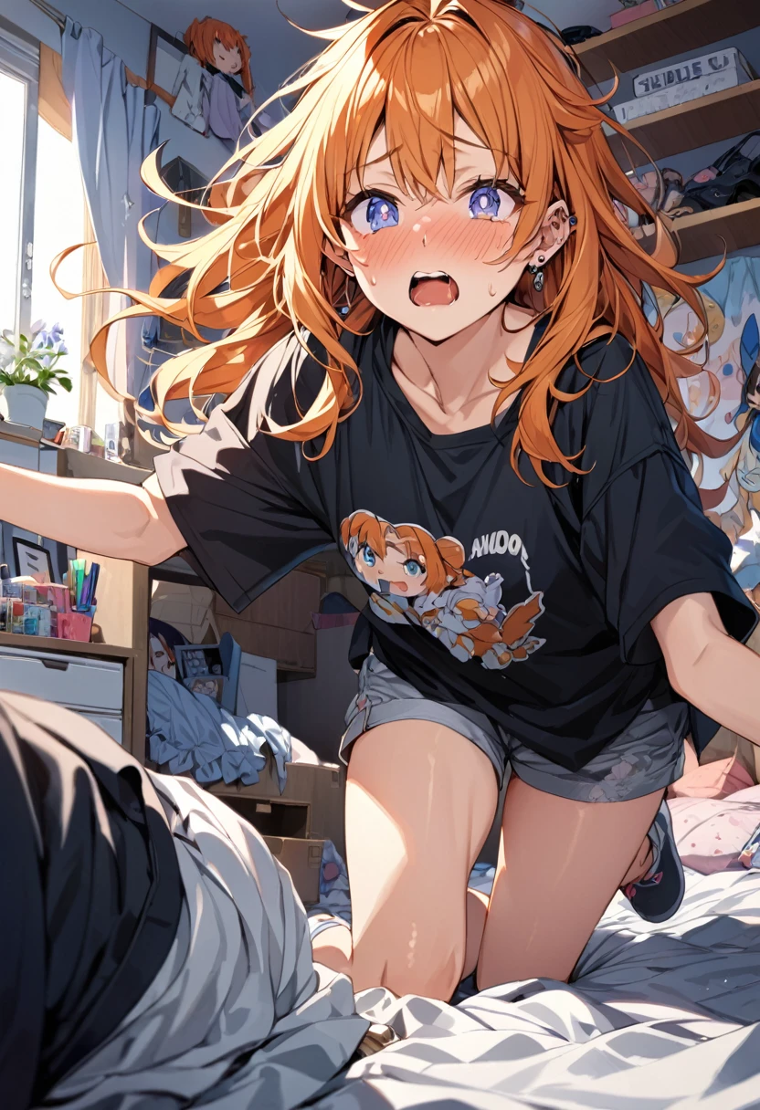 Adult female, long orange hair, messy hair, perfect eyes, perfect silver irises, perfect pupils, baggy black shirt, shorts, comfy clothes, many piercings on ears and nose, messy bedroom, otaku bedroom, flustered, tripping, highly detailed, best detail, best hands