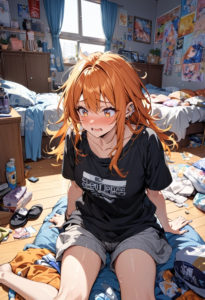 Adult female, long orange hair, messy hair, perfect eyes, perfect silver irises, perfect pupils, baggy black shirt, shorts, comfy clothes, many piercings on ears and nose, messy bedroom, otaku bedroom, flustered, tripping, highly detailed, best detail, best hands