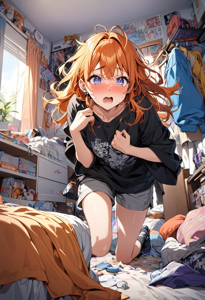 Adult female, long orange hair, messy hair, perfect eyes, perfect silver irises, perfect pupils, baggy black shirt, shorts, comfy clothes, many piercings on ears and nose, messy bedroom, otaku bedroom, flustered, tripping, highly detailed, best detail, best hands
