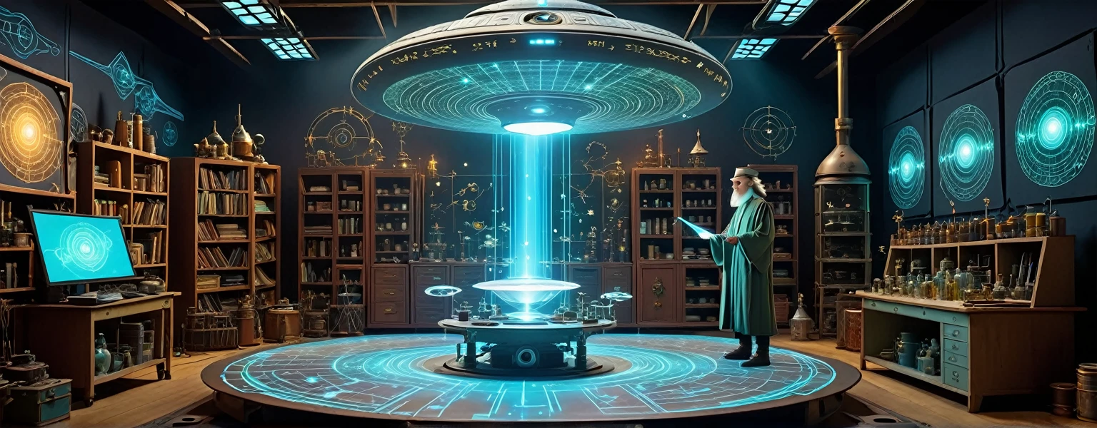 
"Depict a fantastic laboratory where scientific instruments coexist with fantastik artifacts. In the foreground, a maker-wizard creating a holographic projection of an NFT . Around him, miniature drones  are flying. In the background, a large ufo is printing a magical staff. The walls are adorned with glowing runes and screens displaying code.