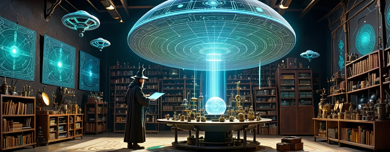 "Depict a fantastic laboratory where scientific instruments coexist with fantastik artifacts. In the foreground, a maker-wizard creating a holographic projection of an NFT . Around him, miniature drones are flying. In the background, a large ufo is printing a magical staff. The walls are adorned with glowing runes and screens displaying code.